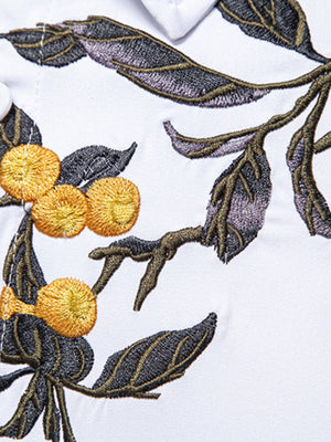 White cotton undershirt with embroidered floral and fruit detail