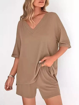 Solid Color V-neck And Shorts Set in Army Green, front view
