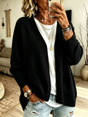 Open Front Knit Cardigan With Pockets in Army Green, back view