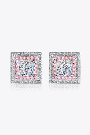 Prismatic square stud earrings with pink halo and white stones in 925 sterling silver.