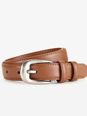 Brown cowhide leather belt with silver buckle and accents