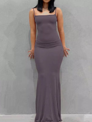 Mauve spaghetti strap bodycon maxi dress with a square neckline.