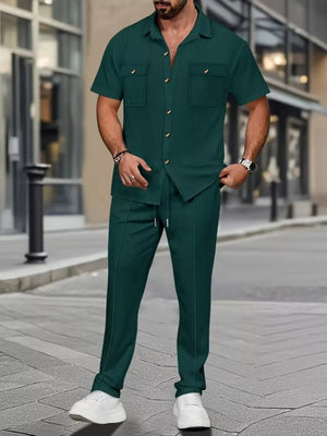 Men's dark green checkered short-sleeve button-up shirt and drawstring pants set