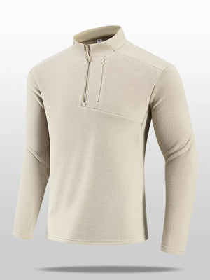 Khaki fleece quarter-zip sweatshirt with zippered chest pocket and mock neck.