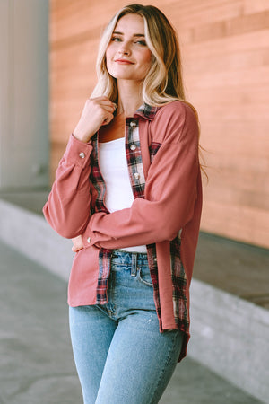 Waffle knit overshirt in blush pink with plaid trim, button front, and long sleeves.