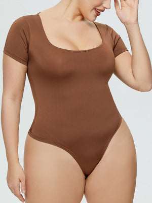 Brown short sleeve bodysuit with a square neckline.
