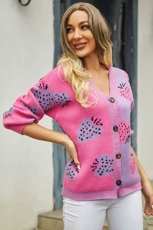 Strawberry Patchwork V-Neck Cardigan in hot pink and royal blue with button closure.