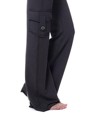 Black wide-leg cargo pants with a button-flap pocket and drawstring waist.