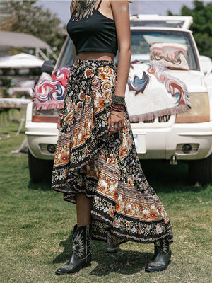 Bohemian floral asymmetric midi skirt with ruffled hem, multicolor print.
