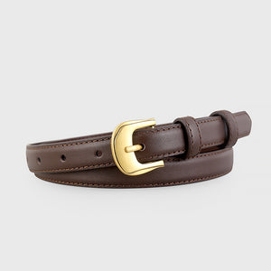Brown cowhide leather belt with gold buckle and adjustable holes