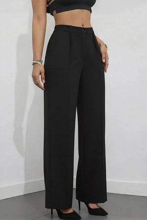 Black high-waisted wide-leg trousers with a button closure and pleat detail.