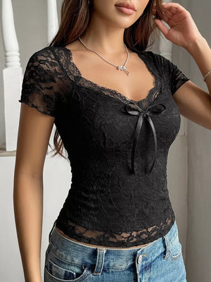 Black lace t-shirt with short sleeves, square neckline, and a satin bow detail.