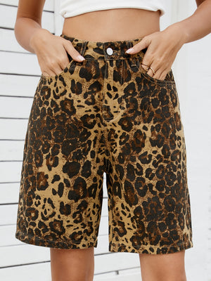 Leopard print denim bermuda shorts with a comfortable, casual fit.