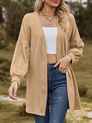 Taupe textured open cardigan with balloon sleeves and a longline cut.