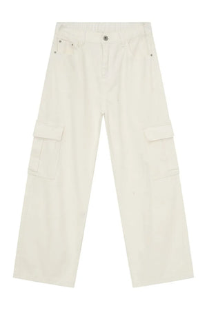 Ivory cargo pants with elastic waistband and side cargo pockets