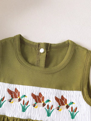 Baby girls' olive green tank top with embroidered ducks and smocked white panel.