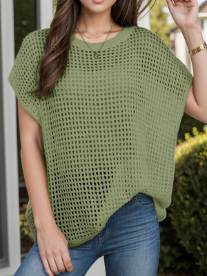Moss open-knit boxy top with short sleeves and a relaxed fit.