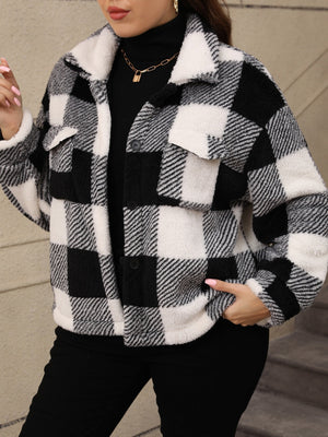 Black and white plaid shacket with fluffy collar and chest pockets.