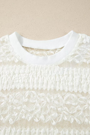 White lace patchwork sheer t-shirt with smocked detail and crew neck.
