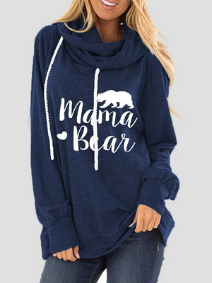 Dark Blue Mama Bear graphic cowl neck hoodie with white drawstrings and text.