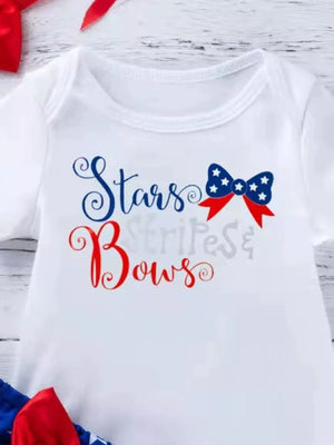 White baby bodysuit with Stars & Bows patriotic graphic and red bow detail.