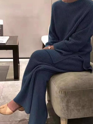 Blue ribbed knit sweater and wide-leg pants set with crew neck and long sleeves.