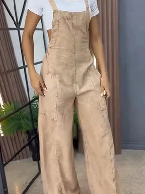 Khaki vintage wash wide-leg denim overalls with bib front and large pockets.