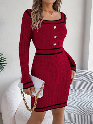 Burgundy ribbed knit bodycon dress with square neckline, button front, and black trim.