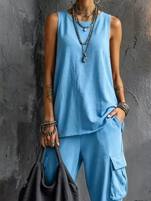 Casual Tank And Cargo Pants Set Plus Size in Sky Blue, view 11