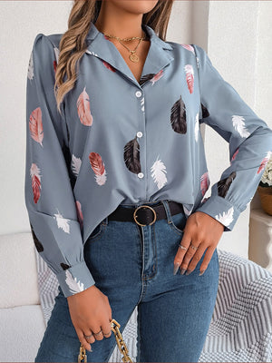 Misty Blue feather print blouson sleeve button-down shirt with collar