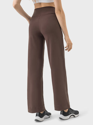 Mocha wide-leg drawstring active trousers with a high waist and relaxed fit.
