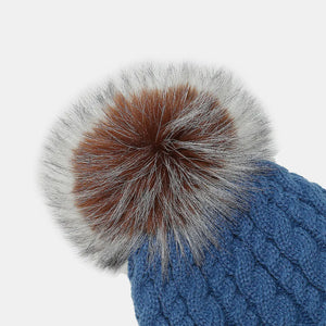 Peacock Blue cable knit acrylic beanie with a multi-color faux fur pompom.