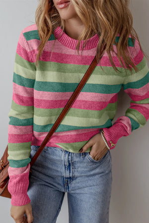 Crewneck knit sweater with pink and green stripes, ribbed cuffs and neckline.