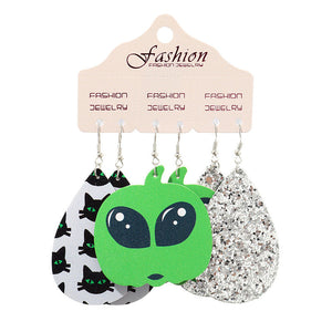 Halloween dangle earrings set with alien, black cat, and glitter designs.