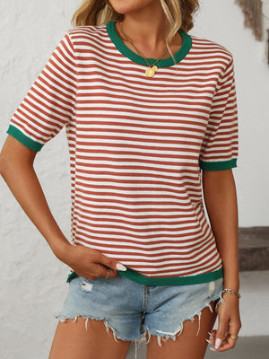 Retro stripe knit tee with contrast green trim and crew neck.