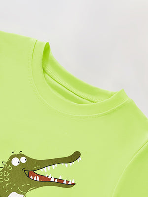 Toddler crew neck t-shirt in lime green with a cartoon crocodile graphic.