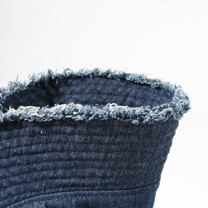 Dark blue denim bucket hat with frayed raw edge detail