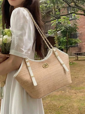 Contrast Trim Adjustable Strap Shoulder Bag in Tan, side view