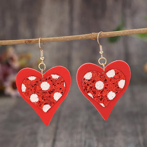 Red polka dot glitter heart drop earrings with dangle hooks