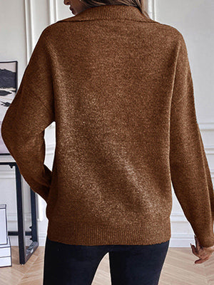Chestnut acrylic zip-up knit sweater with a contrast collar and ribbed cuffs.