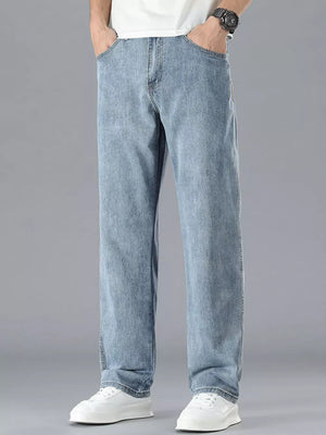 Men's light blue cotton straight leg jeans with a classic casual style.
