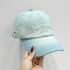 Cyan gradient embroidered cotton baseball cap with script text detail