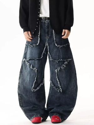 Star Patchwork Distressed Wide Leg Jeans in dark wash denim with frayed details.