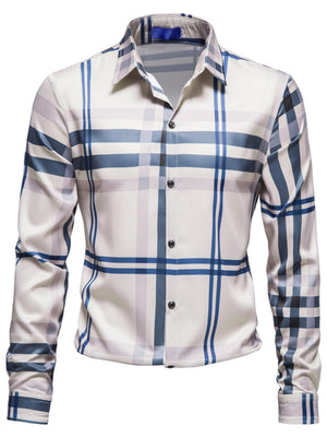 Men's white long sleeve button-up shirt with blue plaid pattern and cotton fabric.