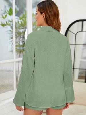 Textured cotton co-ord set in Matcha Green, featuring a relaxed button-up shirt with long sleeves and shorts.