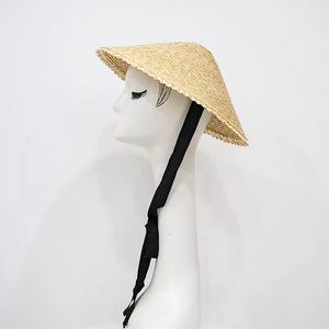 Chic straw sun hat with scalloped edge and black ribbon tie