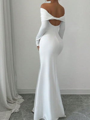 White off-shoulder bodycon maxi dress with draped neckline and cutout back.