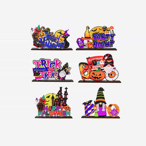 Spooky Scene Halloween Tabletop Duo features six festive wooden signs with assorted Halloween graphics and text.