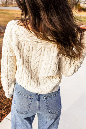 Drop Shoulder Round Neck Cable Knit Sweater in Cream, back view