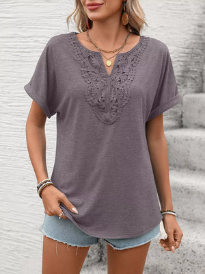 Relaxed fit t-shirt in purple with lace V-neck detail and cuffed short sleeves